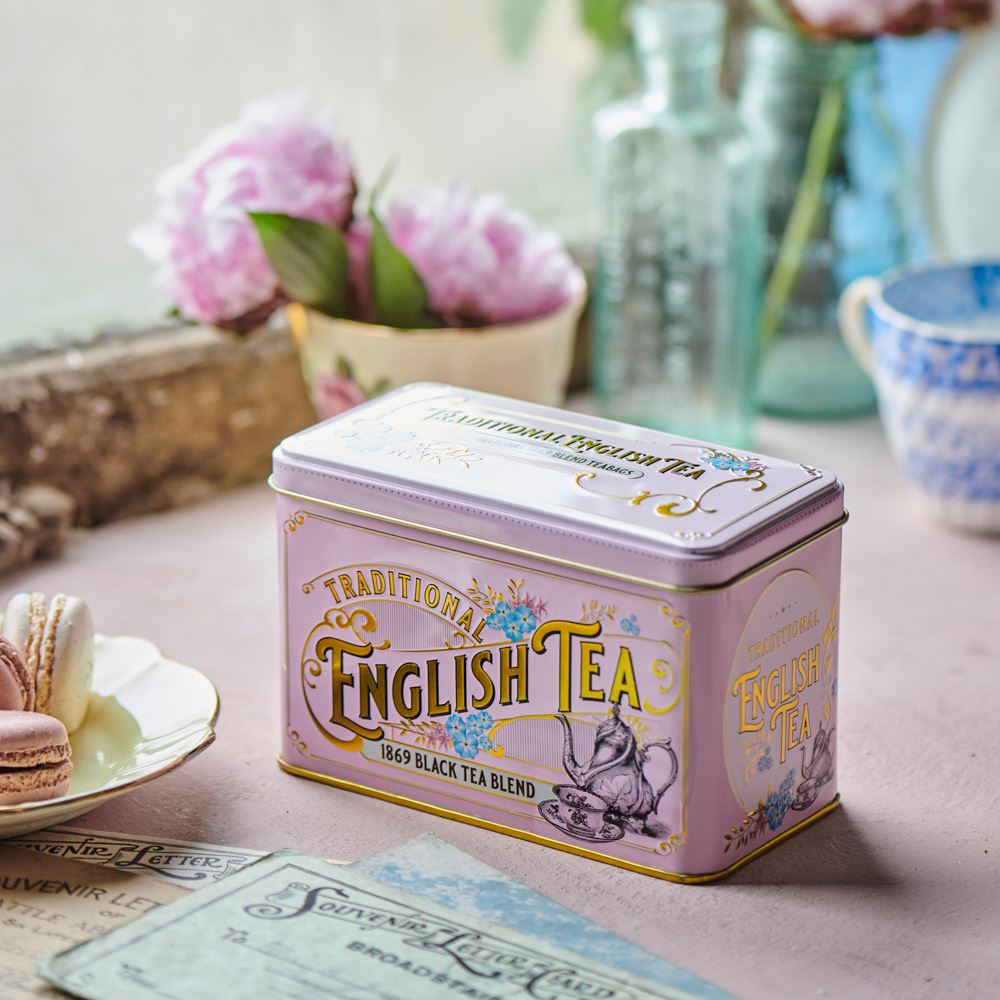 Vintage Victorian Rose-Pink Tea Tin with 40 1869 Blend Teabags Black Tea New English Teas 